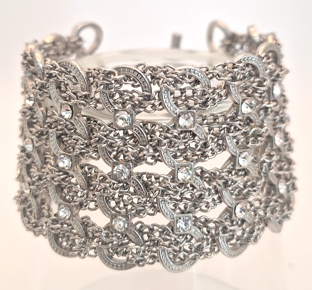 Silver Tone Multi Row Chain Fringe Bracelet Rhinestone Toggle Statement